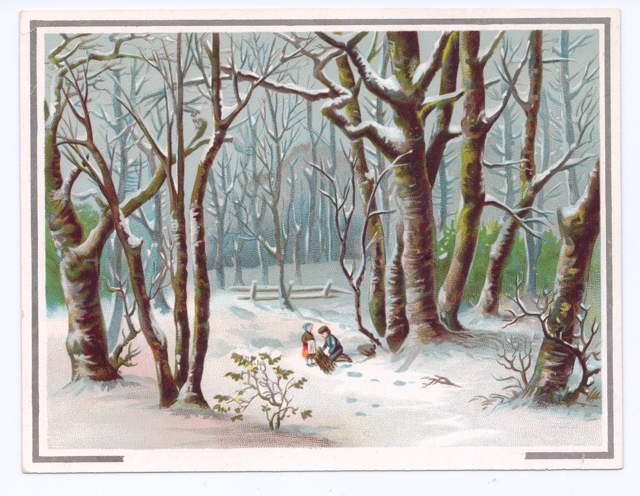2人の子供が雪の中で枝を集めているヴィクトリア朝のグリーティングカード、1880年頃（カラーリトホ 作： 英語学校