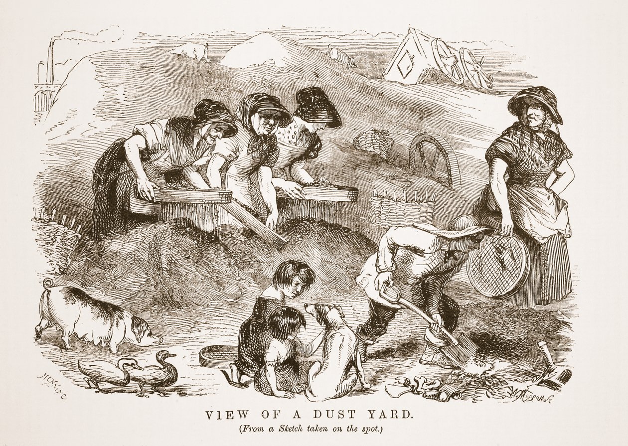 パブ、ヘンリーメイヒューによるロンドンレイバーとロンドンプアーのイラストのダストヤードのビュー。 1862 作： 英語学校