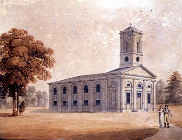 公園内のネオ・クラシカルな教会の眺め 1790年頃 （紙に水彩画） 作： 英語学校