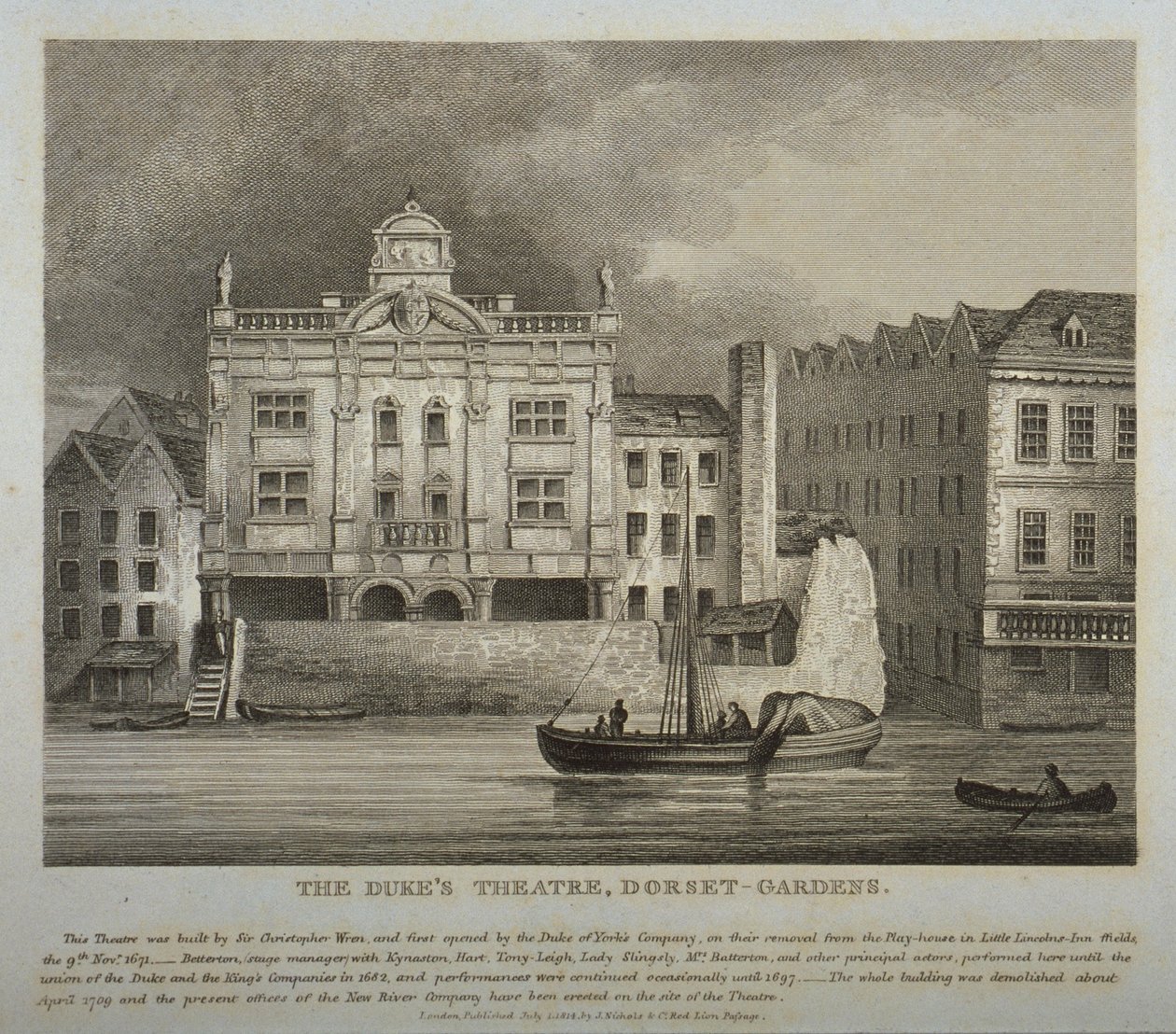 テムズ川から見たドーセットガーデンズデュークスシアターの眺め、1814年 作： 英語学校