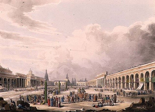 ルドルフ・アッカーマン（1764-1834）が出版した「モスクワの歴史的スケッチ」からのプレート3「モスクワの店のある大広場の眺め」1813年（アクアチント 作： 英語学校