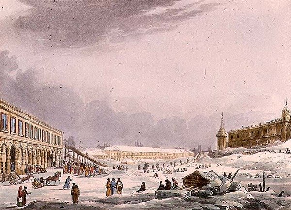 ルドルフ・アッカーマン（1764-1834）が出版した「モスクワの歴史的スケッチ」からのプレート8「モスクワの謝肉祭における氷の丘の眺め」1813年（アクアチント 作： 英語学校