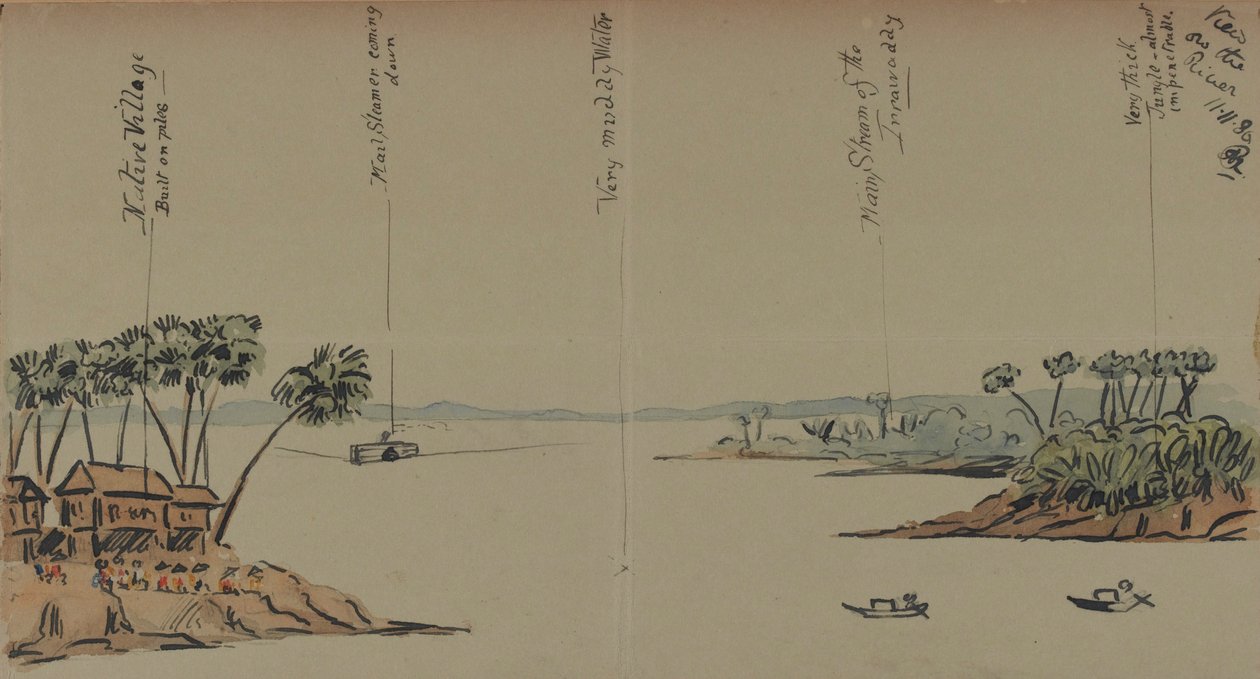川の眺め、1886（紙にトイレとペンとインク） 作： 英語学校