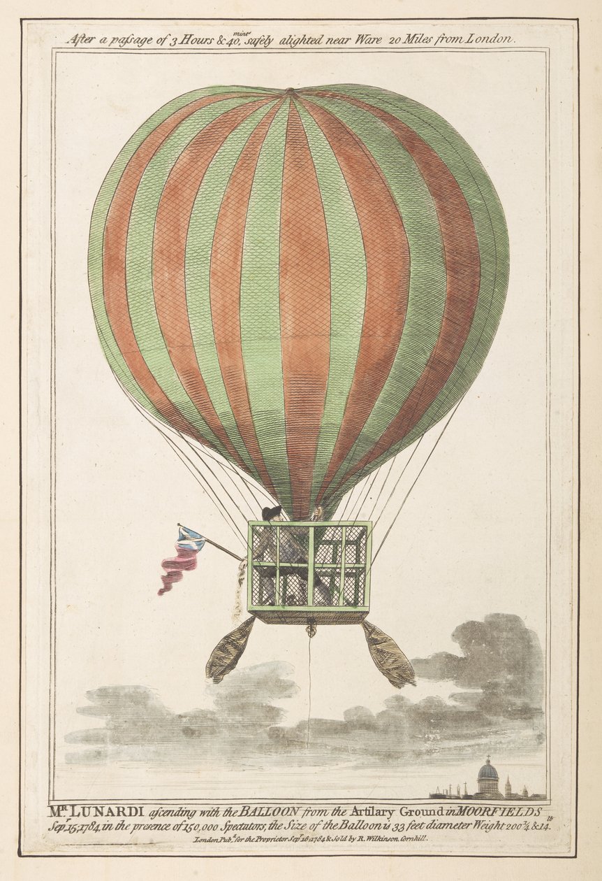 1784 年 9 月、ムアフィールズからの上昇後に空中に浮かぶヴィンセント・ルナルディ (色付きの彫刻) 作： 英語学校