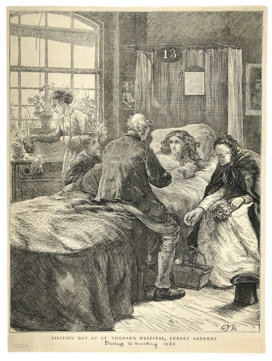「The Illustrated London News」より、サリー ガーデンズのセント トーマス病院での訪問日 作： 英語学校