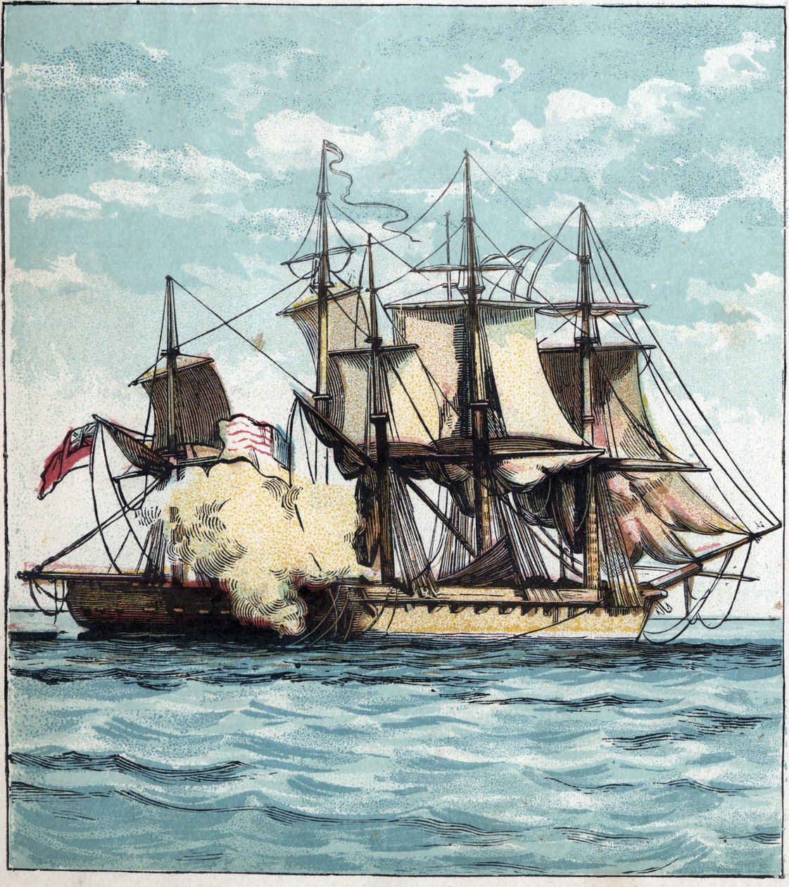 1812年の米英戦争：1813年06月01日、ボストン沖でイギリスのフリゲート艦「シャノン」と海戦した際の「チェサピーク号」の船体。