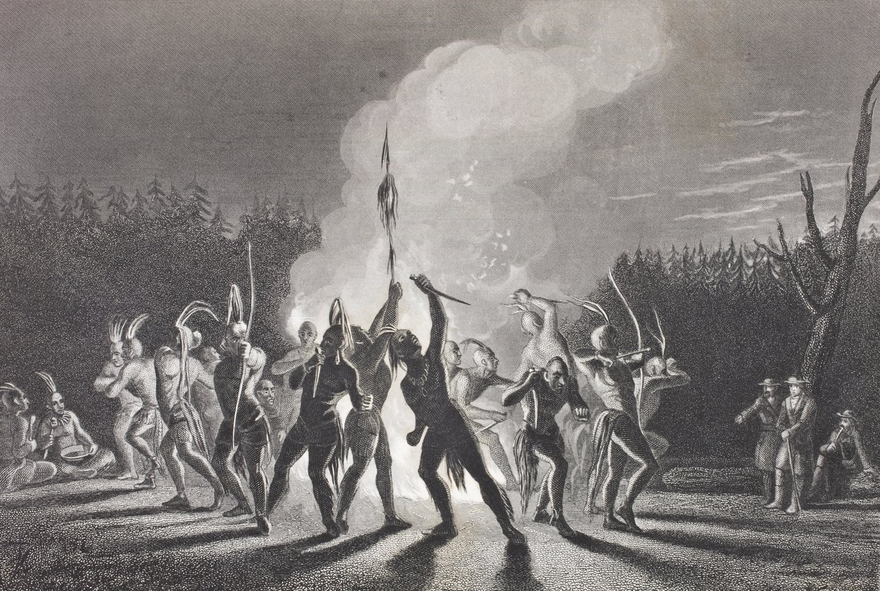 「歴史的肖像画のギャラリー」からの1748年のインディアン戦争ダンスでのワシントンとフェアファックス、1880年頃出版 作： 英語学校