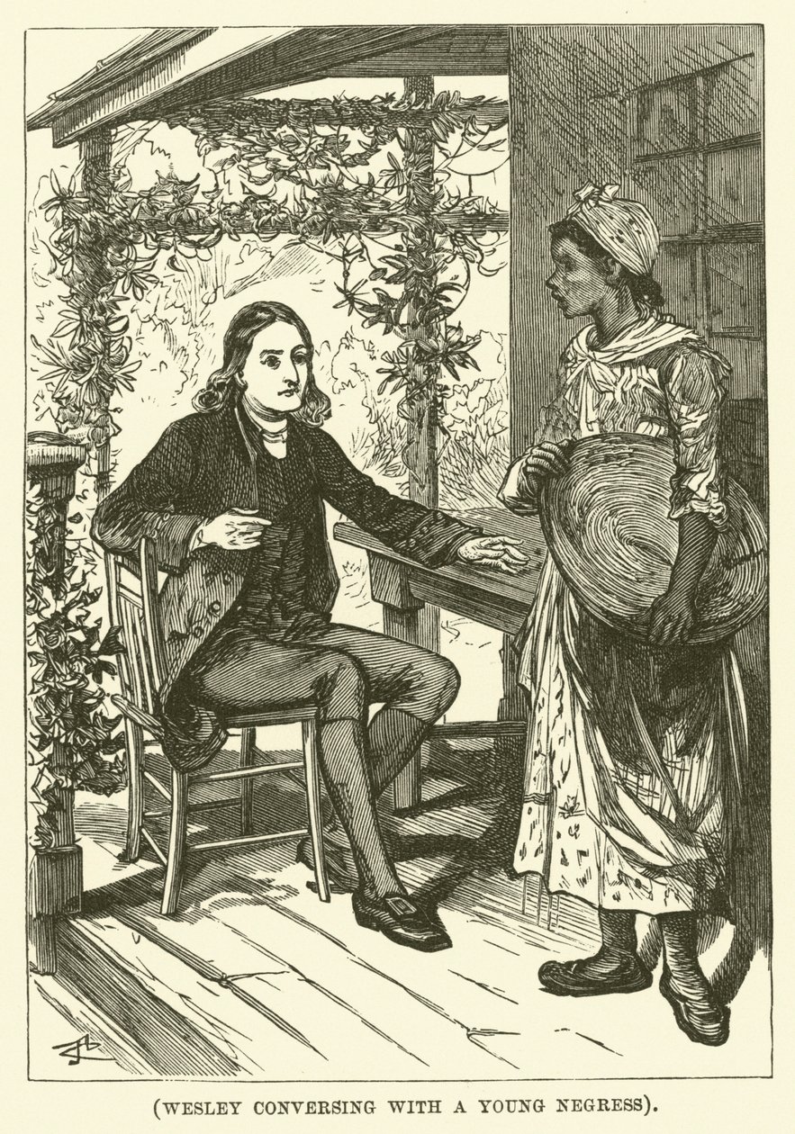 若い黒人女性と会話するウェスリー（エングレーヴィング） 作： 英語学校
