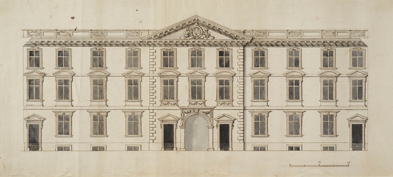 ニューカレッジのガーデンクアドラングルに提案された新しい建物の西側正面、1680年頃（紙にインクと灰色のウォッシュ） 作： 英語学校
