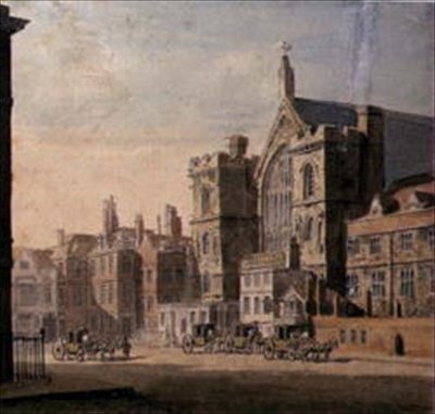 ウェストミンスター・ホールとニュー・パレス・ヤード 1808年頃 （水彩・紙） 作： 英語学校