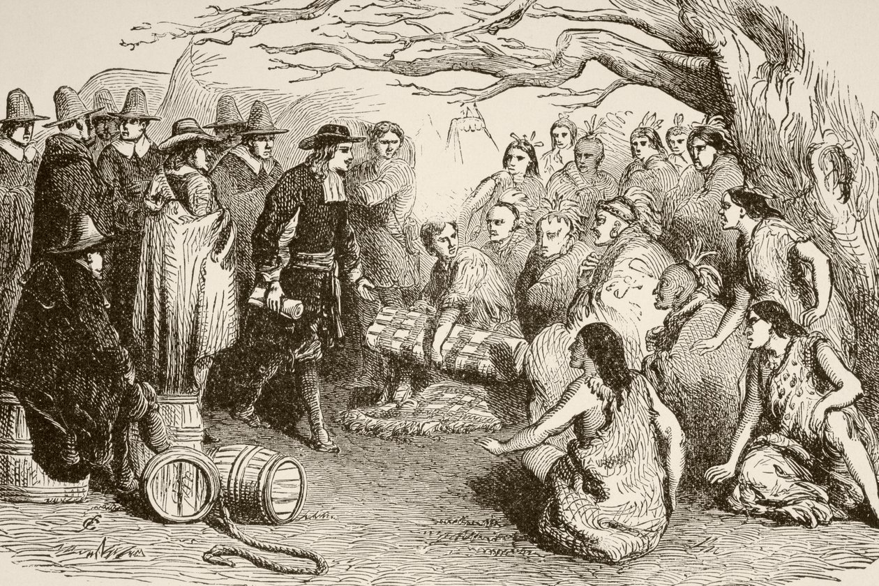 1682年、ウィリアム・ペンがデラウェア族またはレナペ族と条約を結ぶ（リトグラフ）。 作： 英語学校