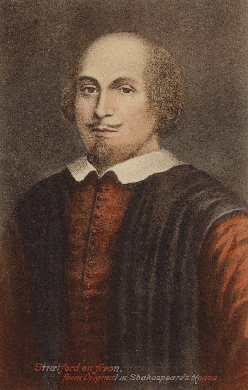 ウィリアム・シェイクスピア（1564-1616）、イギリスの劇作家、詩人（カラーリトグラフ） 作： 英語学校
