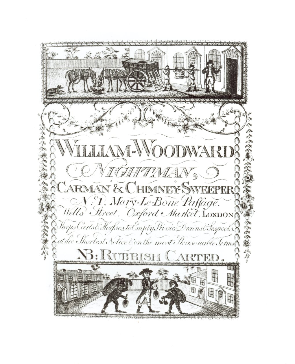 William Woodward、Nightman、Carman and Chimney Sweeper、No.1 Mary-Le-Bone Passage、Wells Street、Oxford Market、ロンドン 作： 英語学校