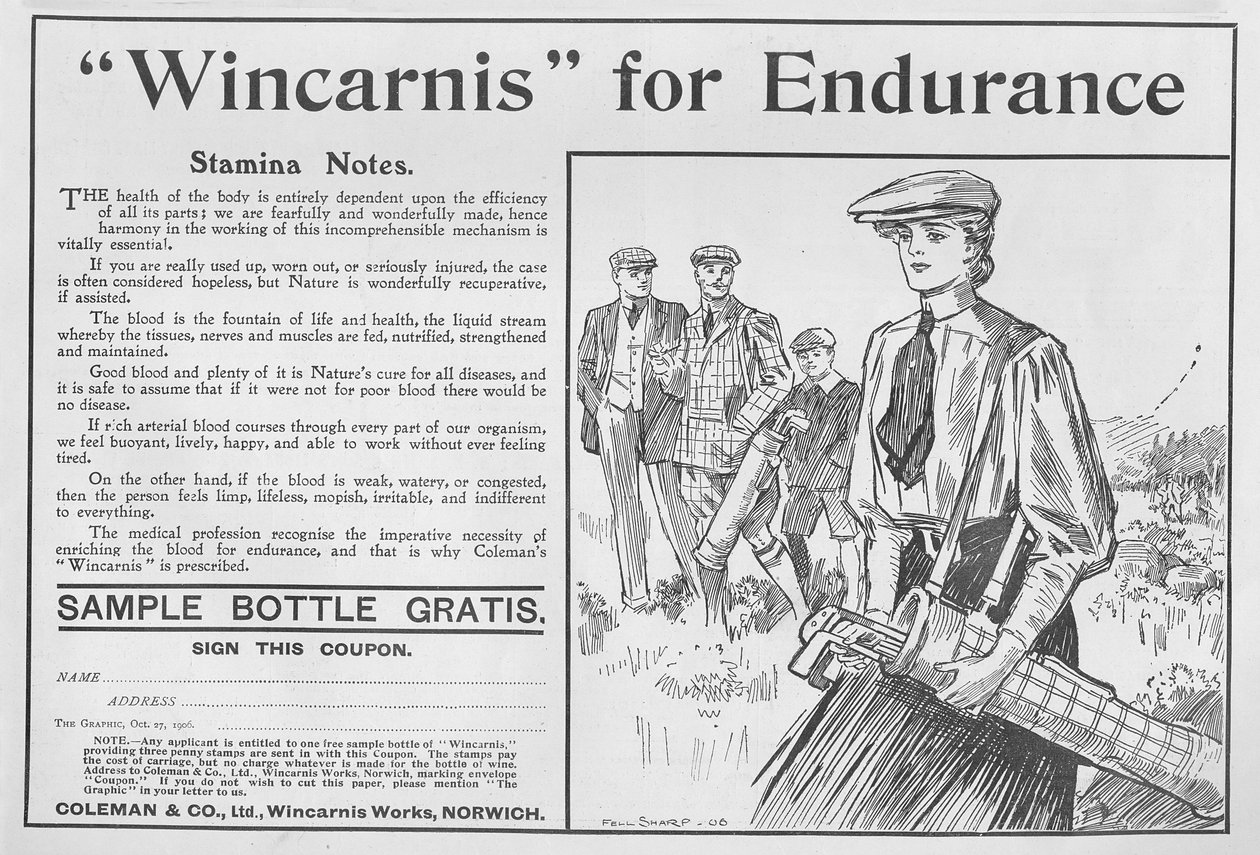 Wincarnis for Endurance、The Graphicからの広告、1906年10月27日 作： 英語学校