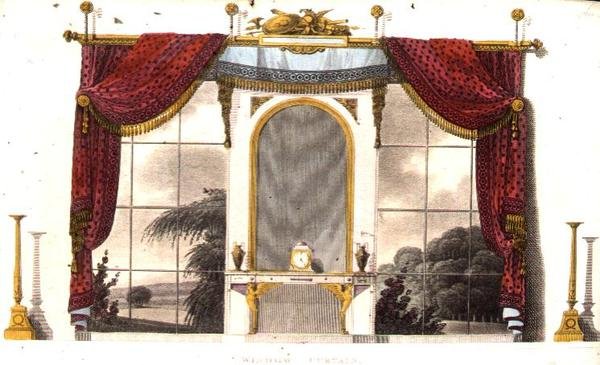 ブドワールのための窓のカーテン、アッカーマンの「芸術のリポジトリ」（1809年刊）のプレート3（カラーリトグラフ 作： 英語学校