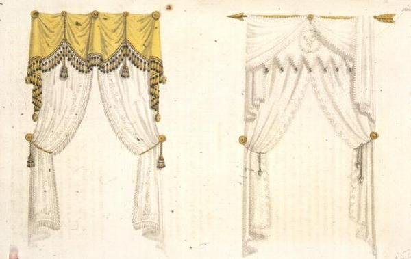 窓のカーテン、アッカーマンの『芸術のリポジトリ』（1809-28年刊）のプレート20（カラーリトグラフ）。 作： 英語学校