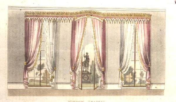 窓のドレープ、1820年発行の「アッカーマンの芸術のリポジトリ」のプレート114（カラーリトグラフ） 作： 英語学校