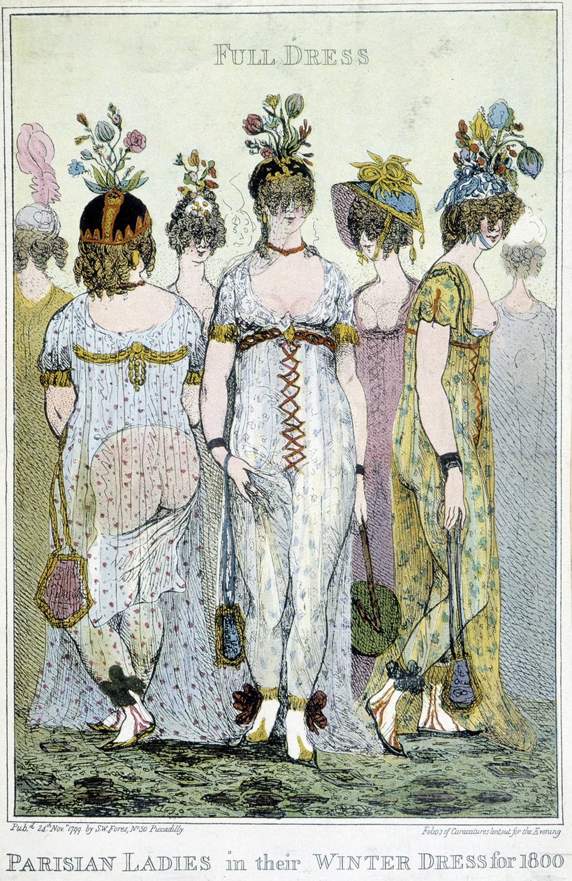 素晴らしい。1800年の冬のドレスを着たパリの女性たち、英語の漫画です。 作： 英語学校