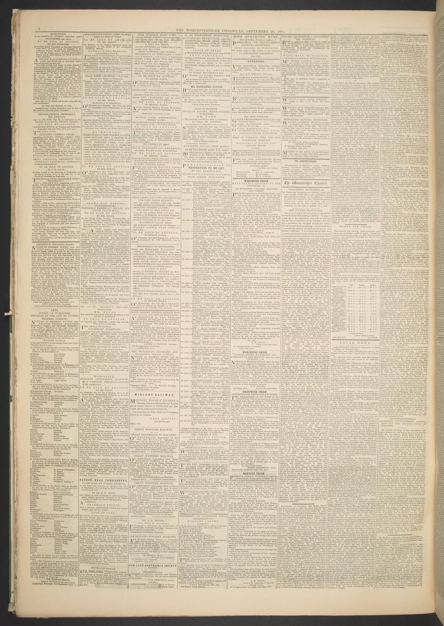 ウスターシャークロニクル、1871 年 9 月 20 日 (新聞用紙) 作： 英語学校