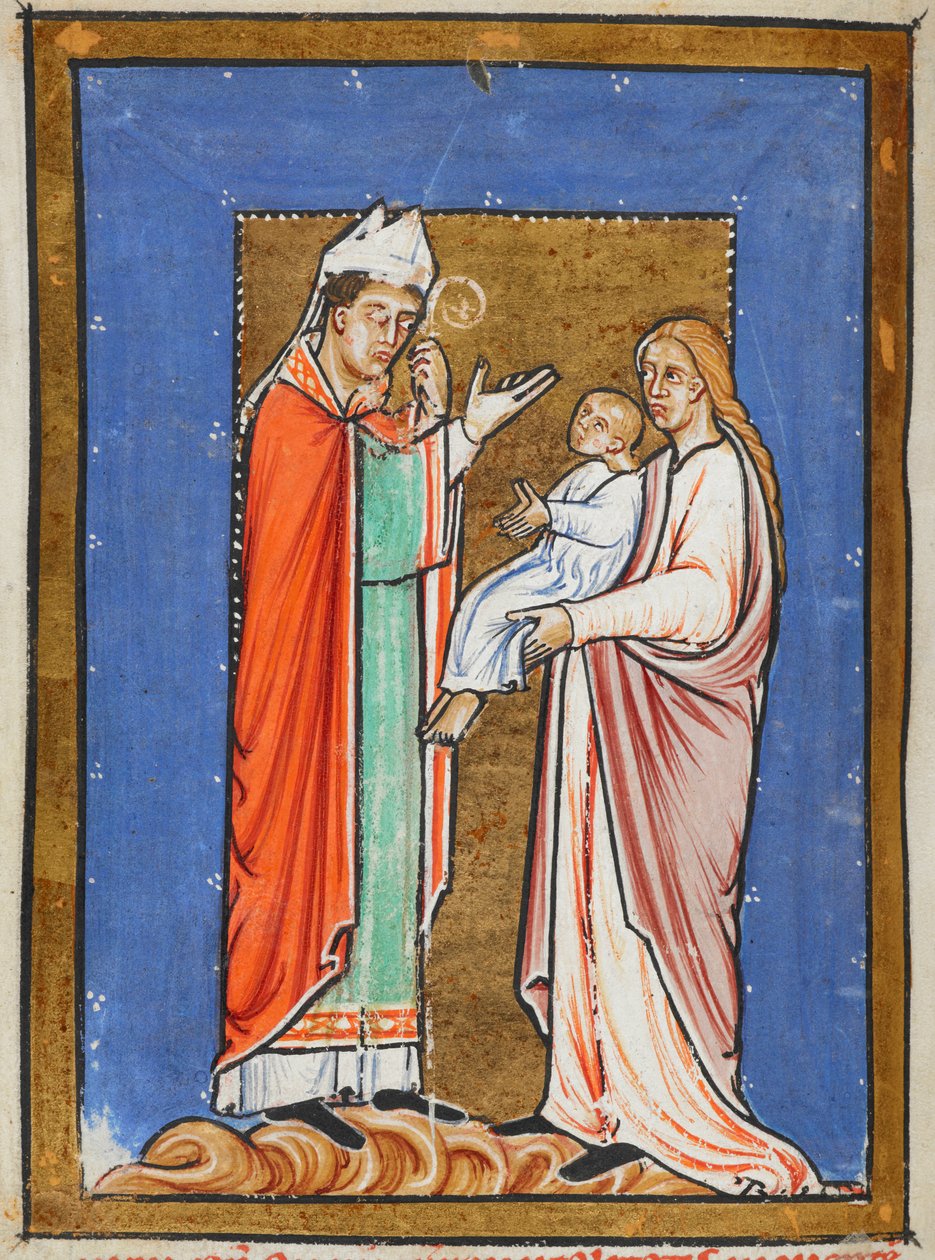 Yates Thompson 26 f.62v St. Cuthbert Healing a Child with the Plague、「St. Cuthbert の Prose Life」のイラスト、Bede (vellum) 作 作： 英語学校