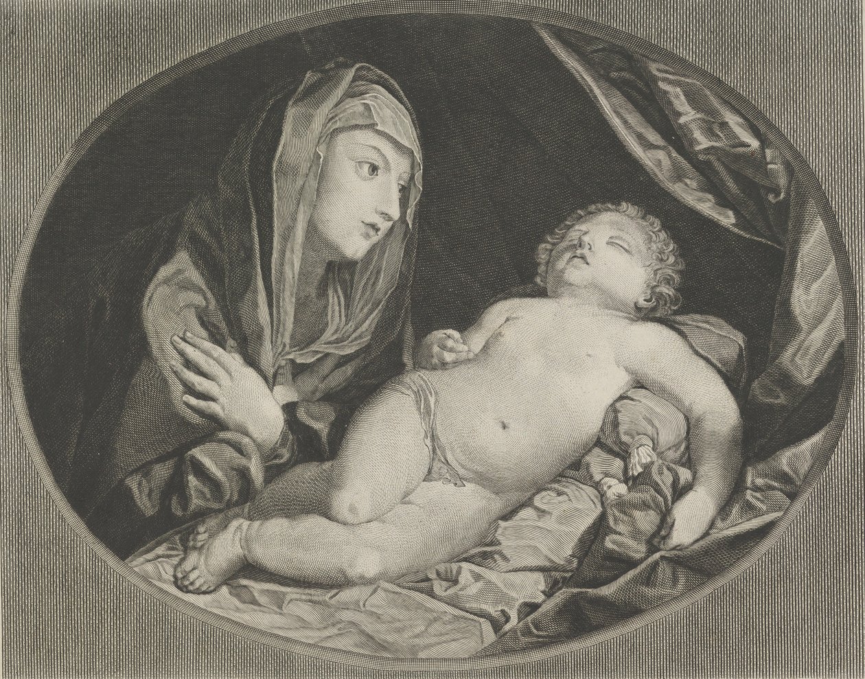 胸の上で腕を組み、眠っている幼子キリストを見つめる聖母、1770～1834年。 作： エフライム・ゴットリーブ・クルーガー