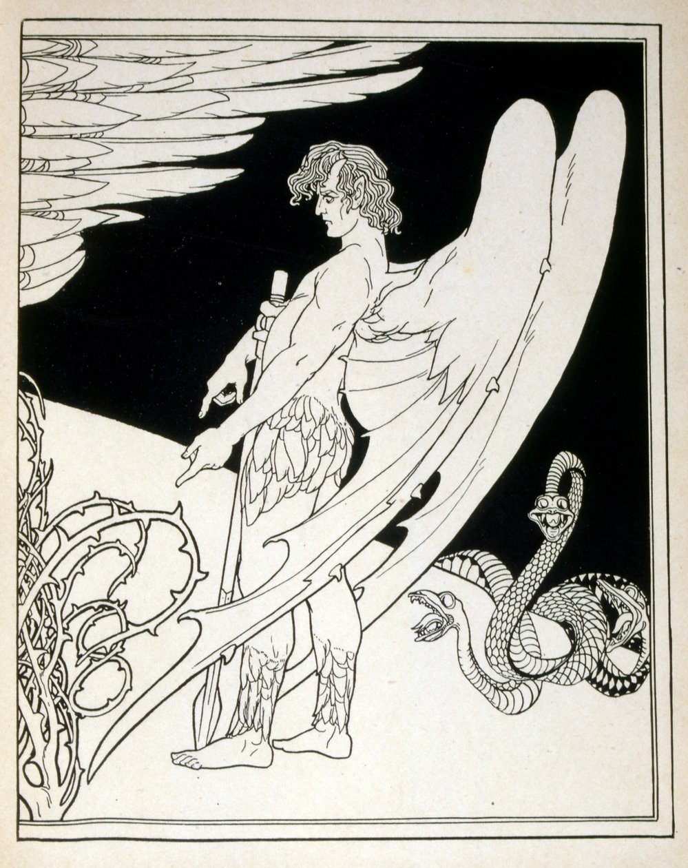 エフライム・モーゼス・リリアン（1874-1925）が描いた『ユダ』に登場する巨大な天使。リリアンは、ユーゲントシュティル（ドイツのアールヌーボー）様式で制作されたシオニストの図像の父と言われている。1900年に出版された聖書の詩集「ユダ」の挿絵を担当しました。 作： エフライム・モーゼス・リリー