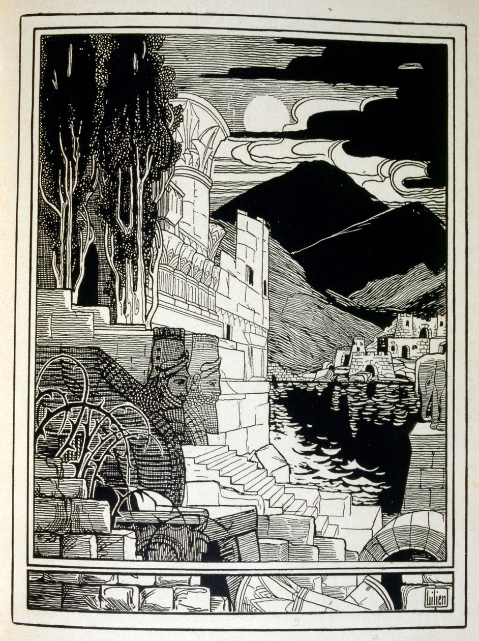 エフライム・モーゼス・リリアン（1874-1925）が描いた『ユダ』の中の「ソドムの廃墟」。リリアンは、ユーゲントシュティル（ドイツのアールヌーボー）様式で制作されたシオニストの図像の父と言われている。彼は聖書の詩人の本である「ユダ」（1900年）の挿絵を担当した。 作： エフライム・モーゼス・リリー