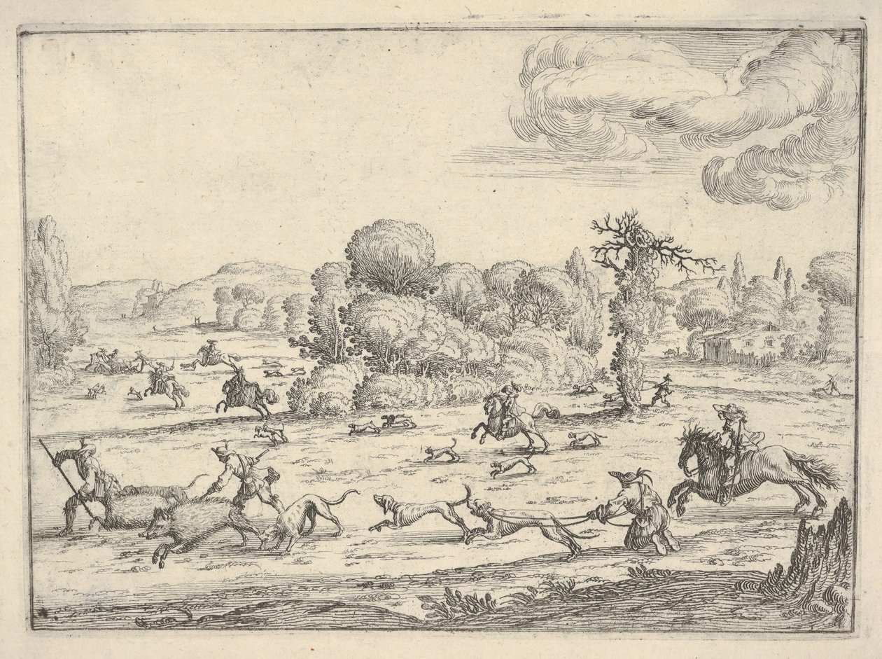 風景の中のイノシシ狩り、カリフォルニア州。 1620-38。 作： Ercole Bazicaluva