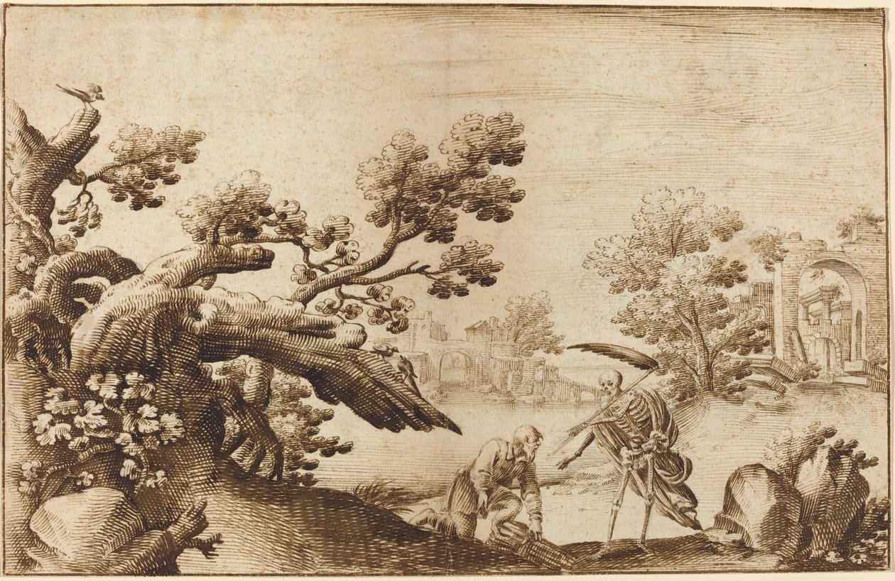 廃墟のある海岸風景の中の死と木こり 作： Ercole Bazicaluva