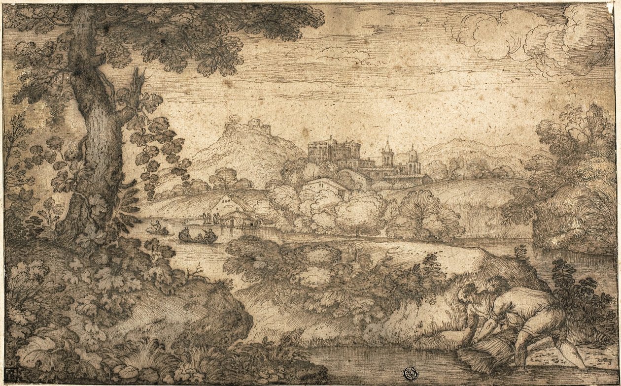小麦を手前に結んでいる人物のいる風景 作： Ercole Bazicaluva