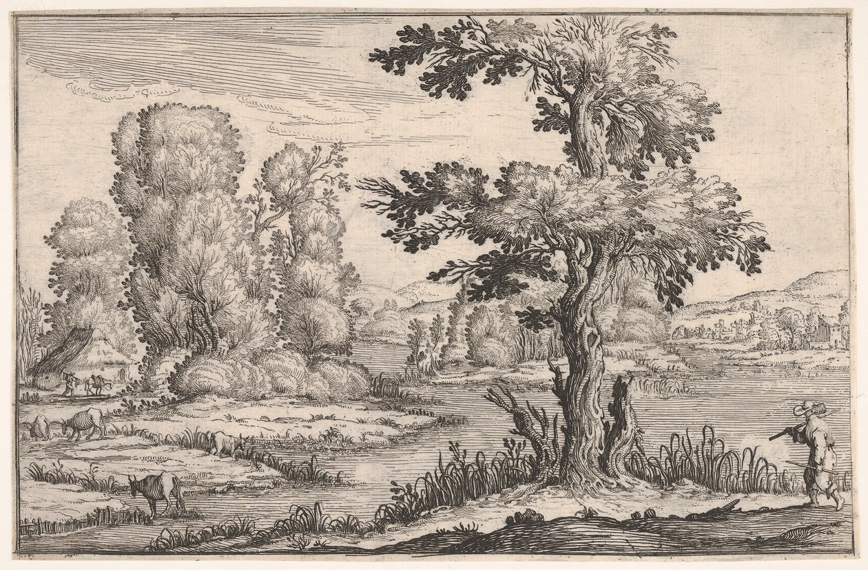 川の近くで放牧されているヤギのいる風景と右前景の人物、1638 年に描かれた。 作： Ercole Bazicaluva