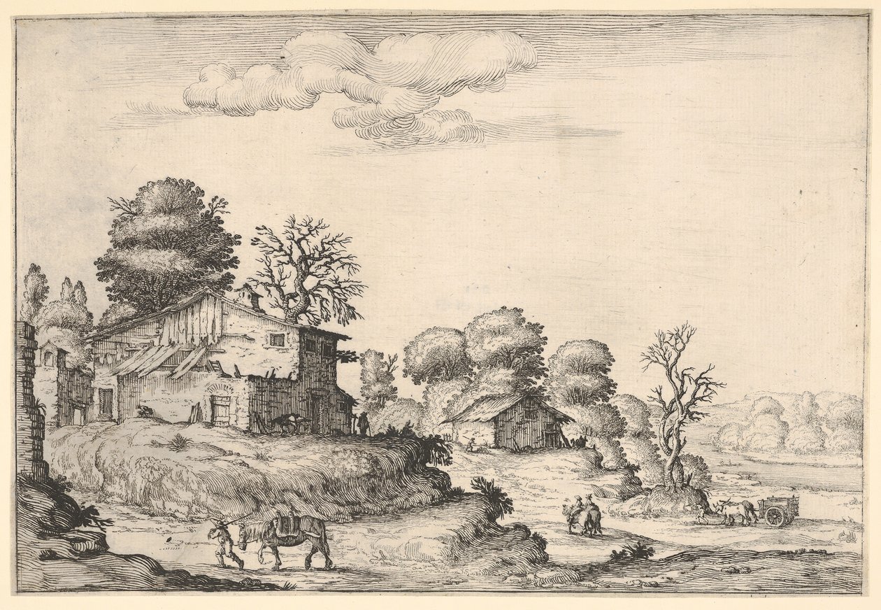 農民の住居と左前景で馬を率いる男性のいる風景、...、1638年. 作： Ercole Bazicaluva