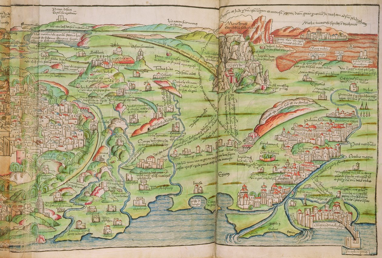 ベルンハルト・フォン・ブライデンバッハ (1440-97) の「聖地巡礼」よりエルサレム市の地図 作： エアハルト・ロイヴィヒ