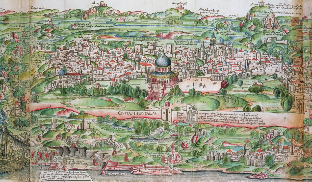 ベルンハルト・フォン・ブライデンバッハ (1440-97) の「聖地巡礼」よりエルサレム市の地図 作： エアハルト・ロイヴィヒ