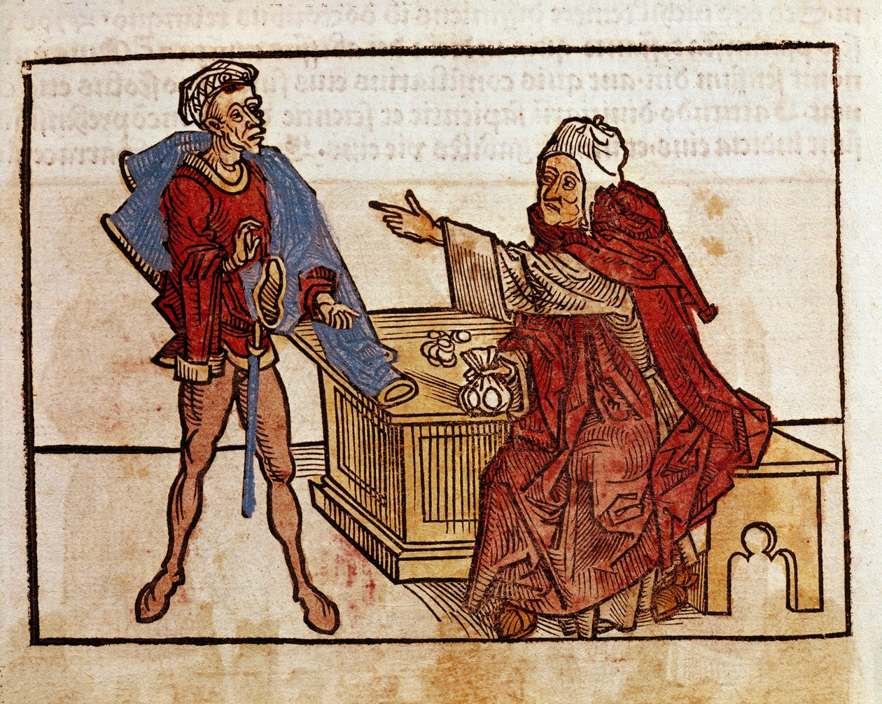ユダヤ人と高利貸しの取引 Bernard de Breydenbach (Breidenbach) (1454-1497)の聖地巡礼後の旅行記「peregrinatio in terram sanctam」からの引用。 作： エアハルト・ロイヴィヒ
