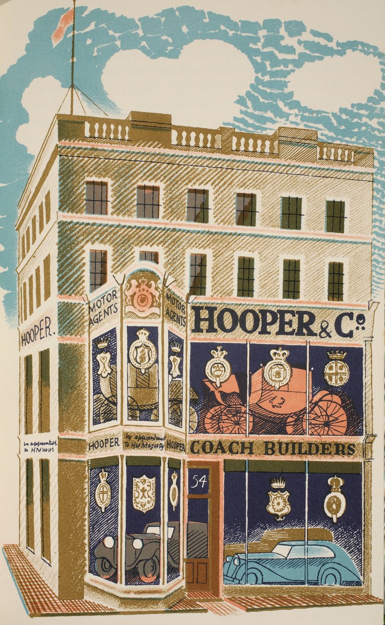 コーチビルダー、JMリチャーズによる「ハイストリート」のイラスト。カントリーライフ、1938 作： エリック・ラビリアス