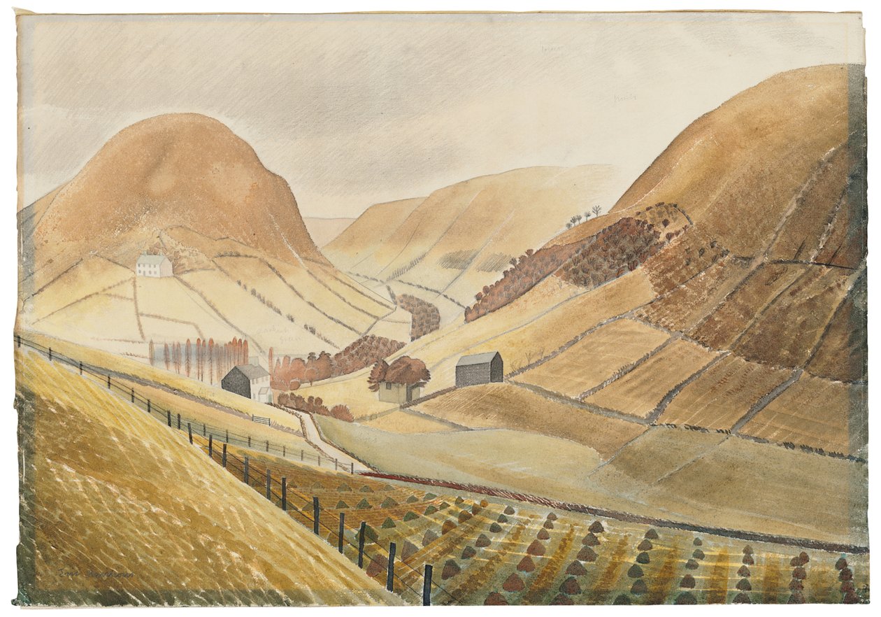 Corn Stooks and Farmsteads-Hill Farm、Capel-yffin、Wales、1938 作： エリック・ラビリアス