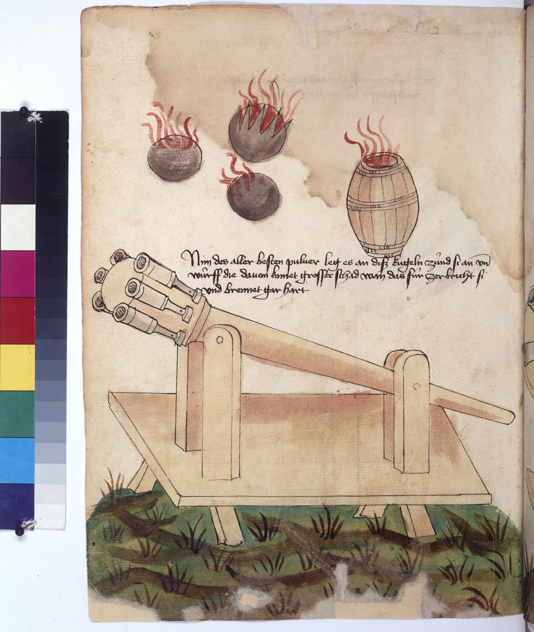 全ページ：大砲、大砲の弾、火薬樽、碑文付き、1430年頃（カラーペン画） 作： エーリッヒ・レッシング