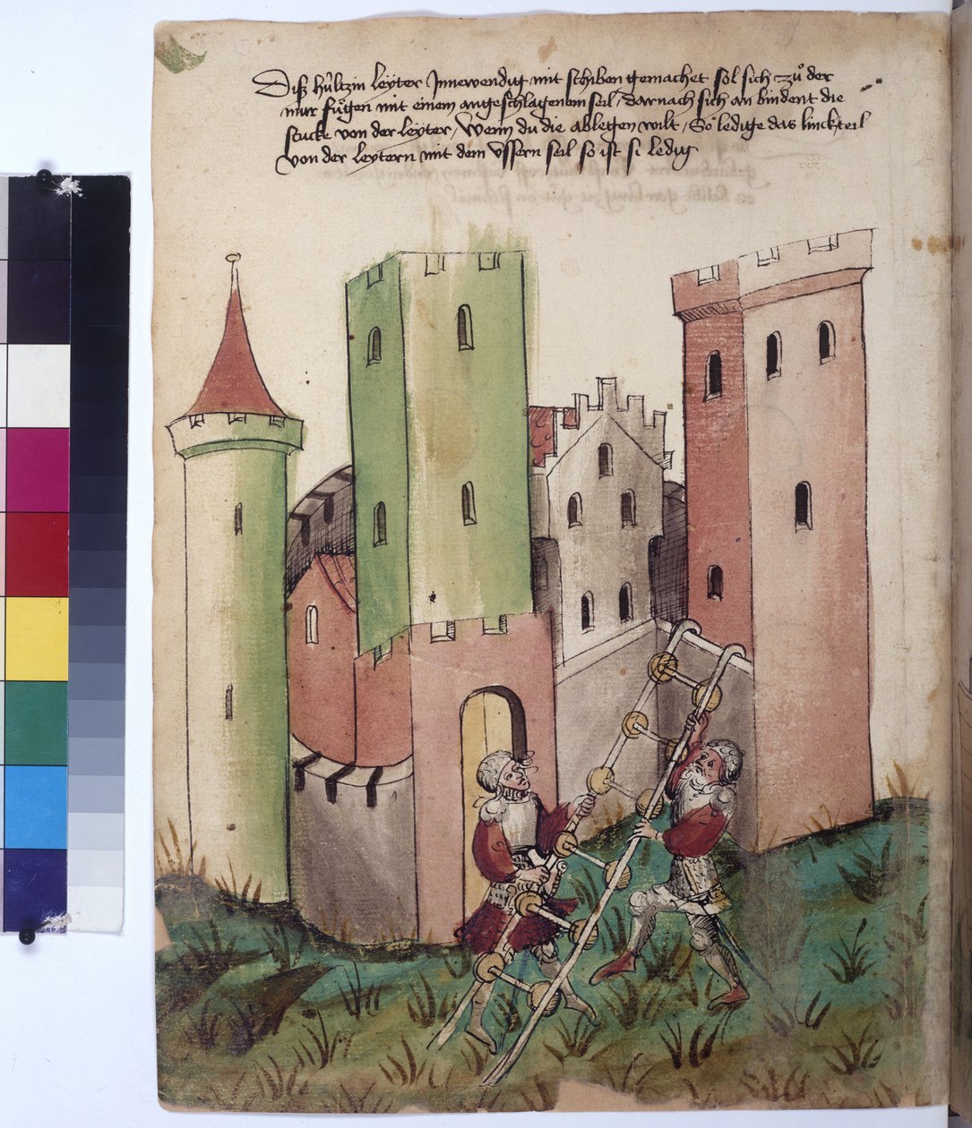 全ページ：車輪付きの踏み板を持つ梯子の城と使い方、1430年頃（カラーペン画） 作： エーリッヒ・レッシング