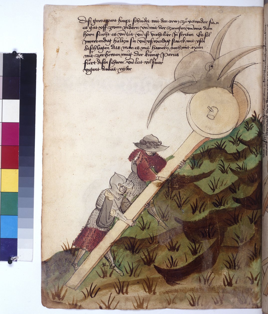 全ページ：鎧を着た2人の兵士が押す、武装した鉄の頭を持つ戦車（1430年頃）（カラーペン画 作： エーリッヒ・レッシング