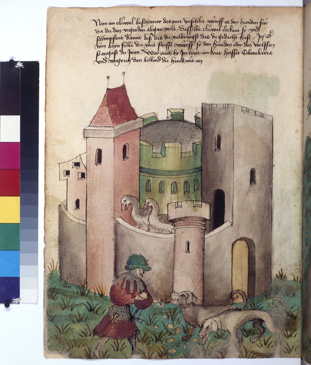 全ページ：要塞の外で犬をなだめるための指示書、1430年頃（カラーペン画） 作： エーリッヒ・レッシング