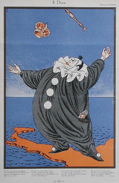 「Simplicissimus」誌のベニート・ムッソリーニ (1883-1945) の風刺画。 1926 年 2 月 8 日 (カラー リソ) 作： エリック・シリング