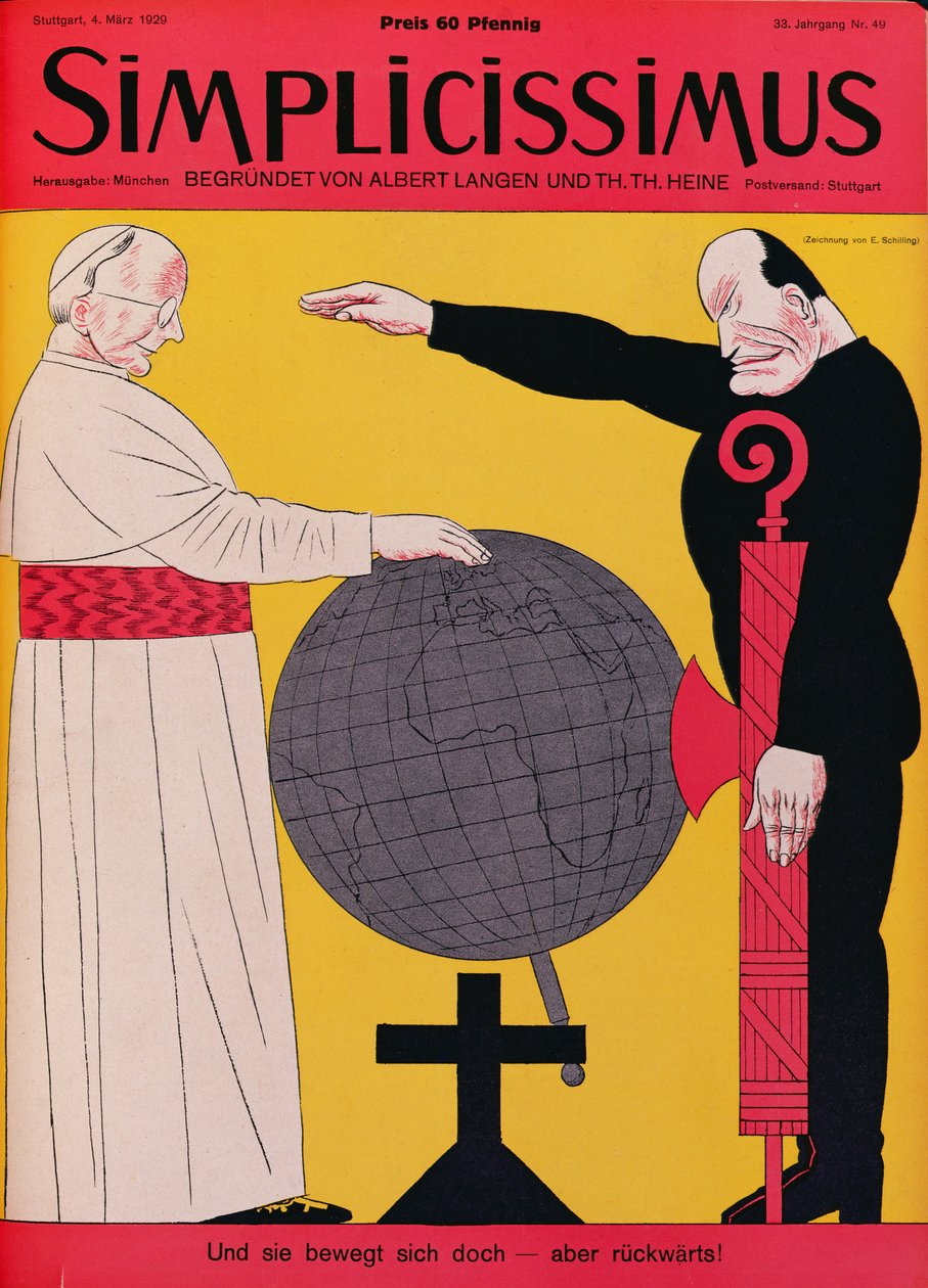 教皇ピウス 11 世 (1857 ～ 1939 年) とムッソリーニ (1883 ～ 1945 年)、1929 年ラテラノ条約当時、「Simplicissimus」誌の表紙イラスト、1929 年 3 月 4 日 (カラー リソ) 作： エリック・シリング