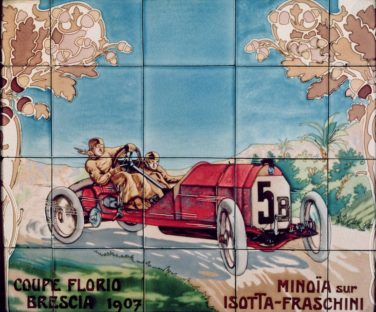 1907年のフロリオブレシアカップでイソッタフラスキーニの車を運転しているミノア：エルネストモントー（1877-1909）、1908-10年のドローイングの後、パリのジラルドニーフィルスエジーによって製造されたセラミックタイル 作： アーネスト・モントー
