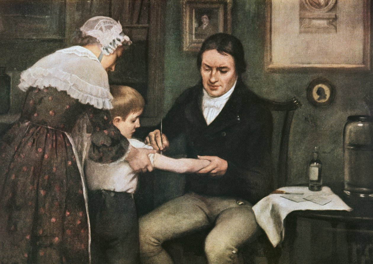 エドワード・ジェンナー博士 (1749-1823) は、5 月 14 日、8 歳の少年ジェームズ・フィップスに天然痘に対する最初の予防接種を行っています。 作： アーネストボード