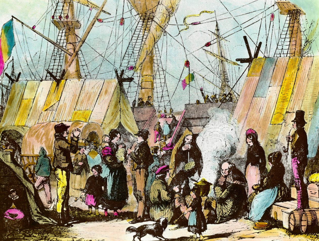 ル・アーブル港に到着した移民の家族たち。アーネスト・シャルトン（1813-1905）による19世紀のエングレーヴィング 個人蔵 作： アーネスト・チャートン