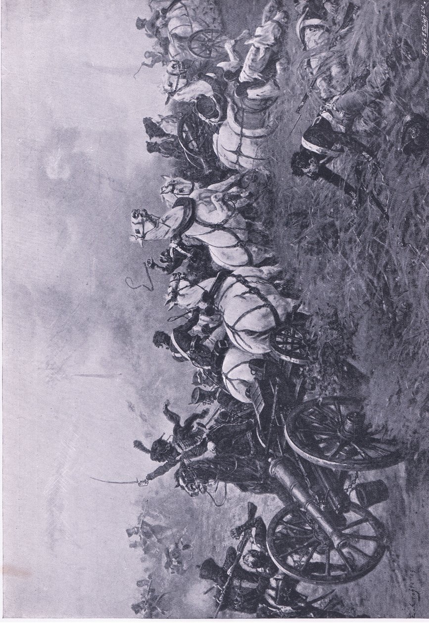 1815年6月18日、ウォータールーでの第52オックスフォードシャー軽歩兵連隊によるフランス軍の砲撃、陸と海でのイギリスの戦い、1915年の図解 作： アーネスト・クロフツ