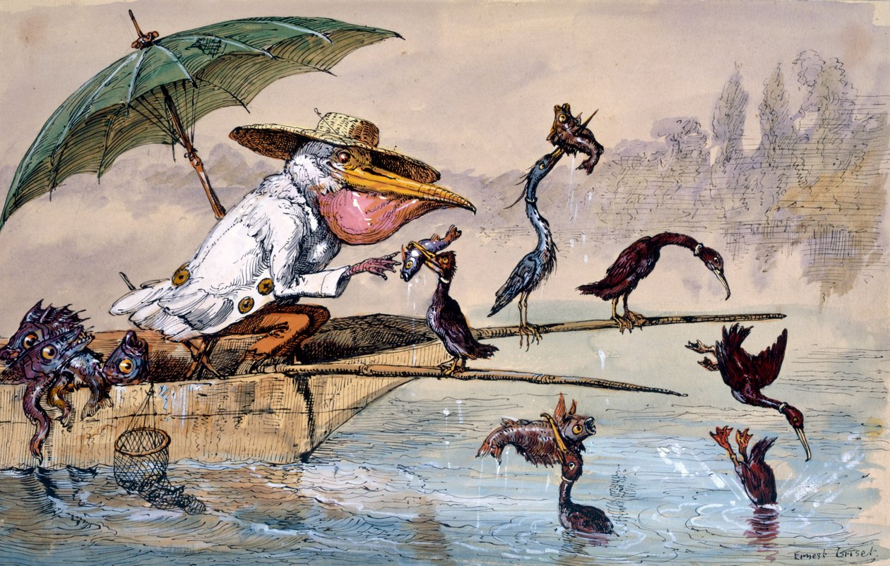傘の下のパントでペリカンに魚を差し出す鵜、c1864-1907 作： アーネストヘンリーグリセット