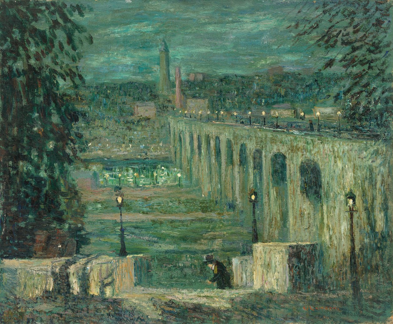 夜の高い橋、ニューヨーク市、c。 19101920. 作： アーネスト・ローソン