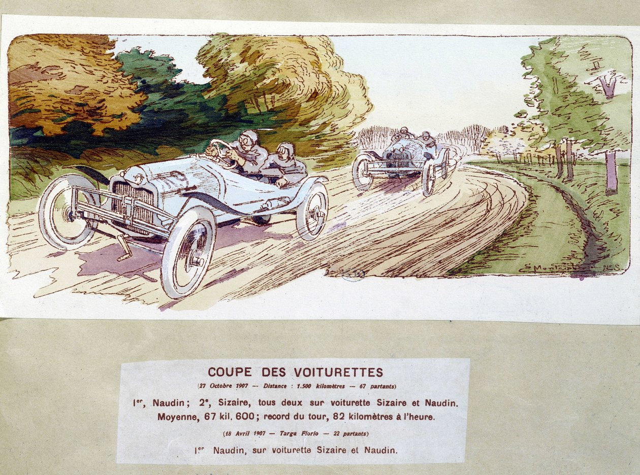 カーレース：1907年のカートの切断 - Ernest Montaut（1878-1909）の図面。 作： アーネスト・モントー